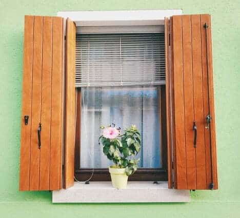 Freshly painted wood shutters opened
