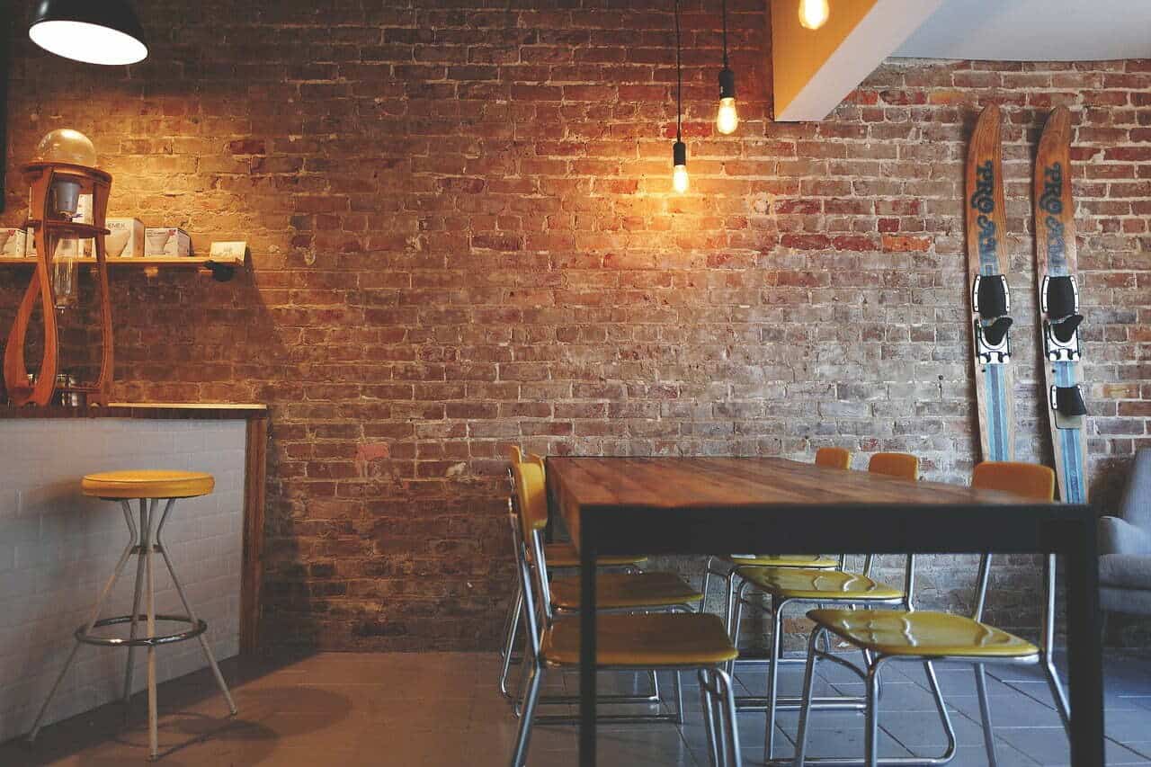 A brick wall in a kitchen