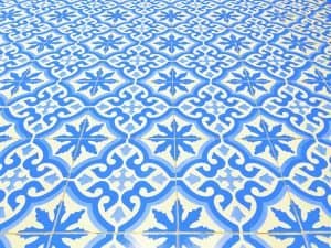 A floral blue tiled floor